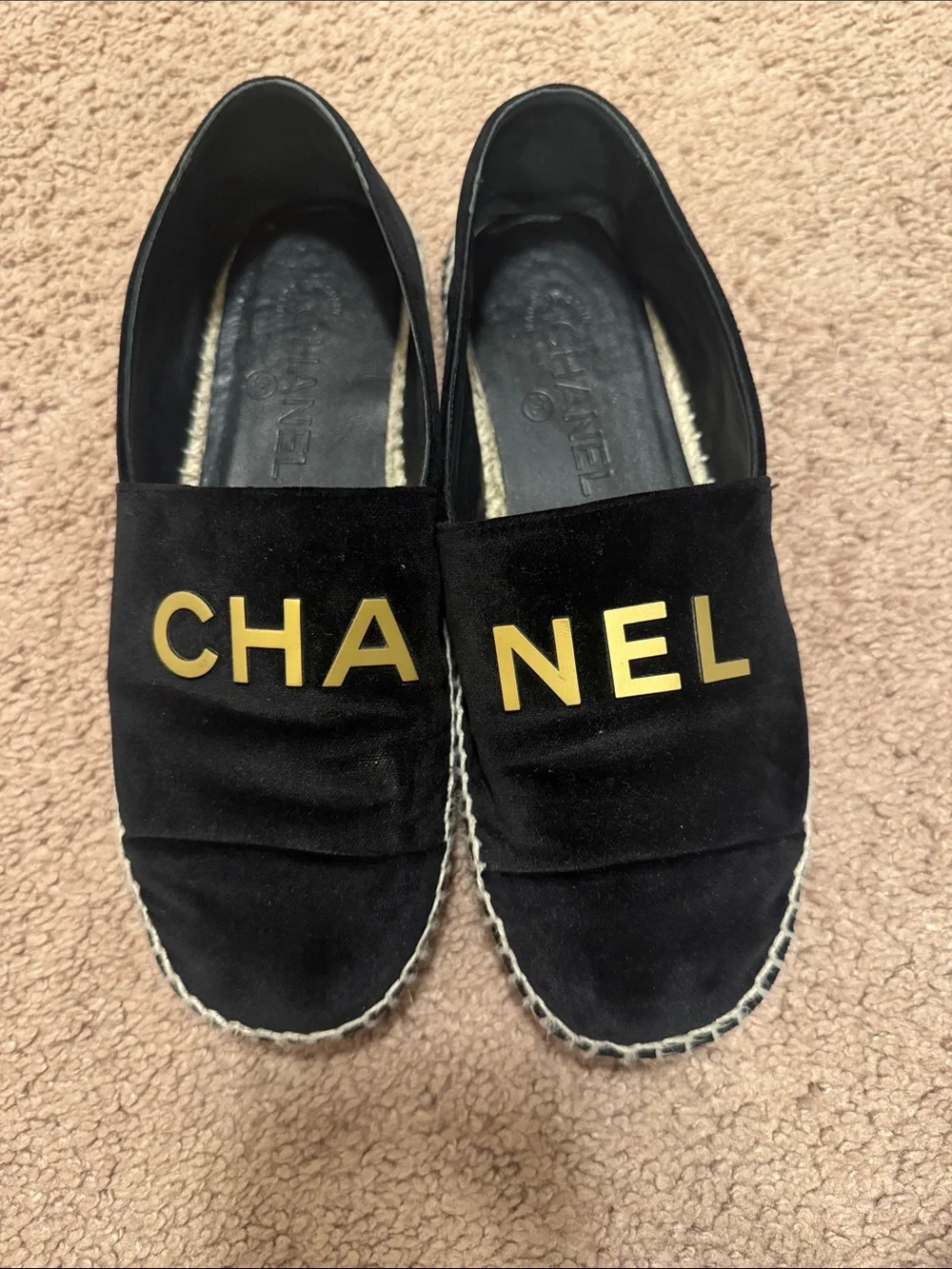 CHANEL Black Suede Espadrilles with Gold Lettering